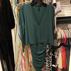 BCBG forest green long sleeve ruched dress, NWOT, size Small, holiday perfection